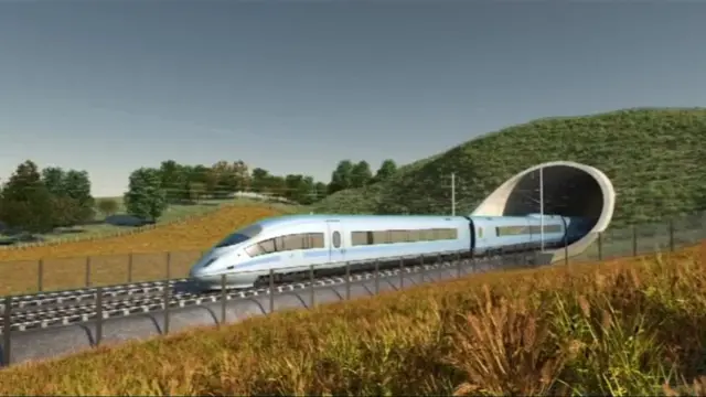 Proposed HS2 train emerging from tunnel