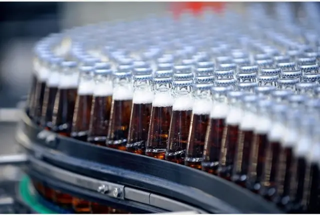 Beer bottles on conveyor belt at factory
