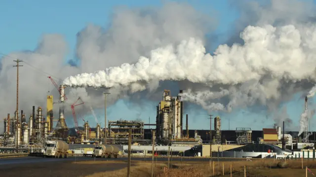 View of the Syncrude oil sands extraction facility near the town of Fort McMurray in Alberta Province, Canada on October 25, 2009