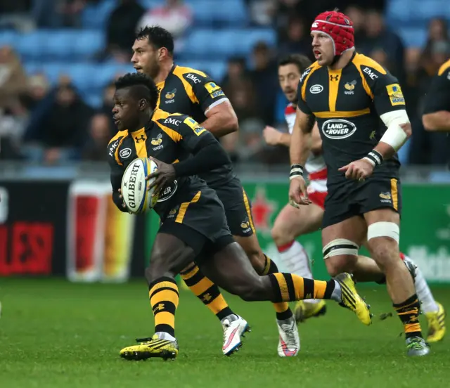 Christian Wade of Wasps scores the first try for Wasps