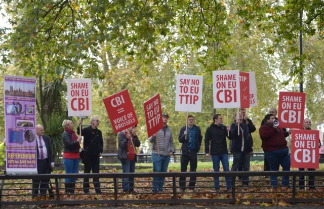 Anti-EU activists outside the CBI annual conference