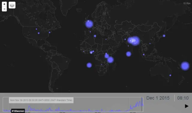 The map, captured at 0830GMT, shows where in the world people are using #100women on Twitter