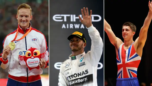 From left to right, Greg Rutherford, Lewis Hamilton, Max Whitlock