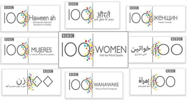 Graphic showing the different international 100 Women branding