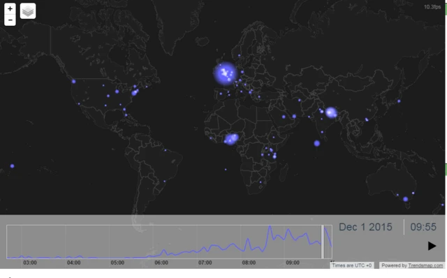 The map shows where in the world people are using #100women on Twitter