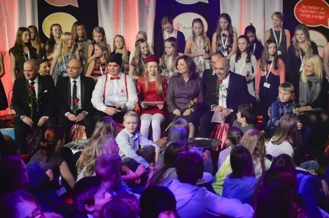 The Tunisian Quartet attend the non-profit organisation Save the Children's Peace Prize party together with Crown Princess of Norway, Mette-Marit (R) and Prince Sverre Magnus at the Nobel Peace Center in Oslo on 10 December 2015