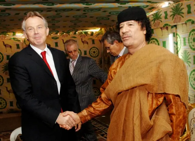 Tony Blair meeting the former Libyan leader Muammar Gadaffi in 2007