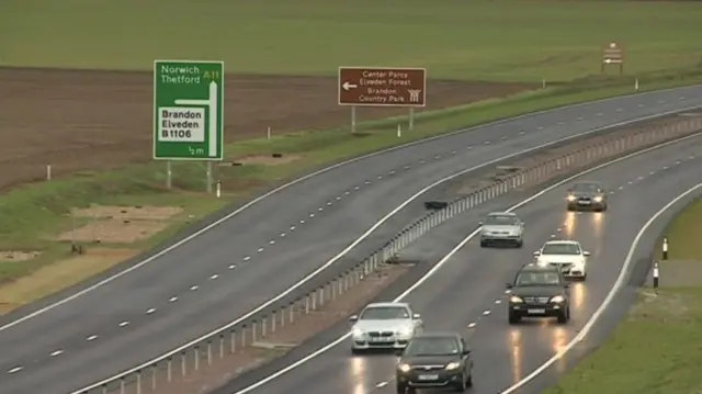 Section of the A11 that opened a year ago, showing traffic and road signs