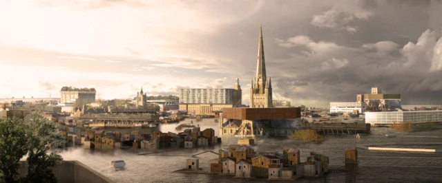 A Brine City - a futuristic image of Norwich, showing most of it under water