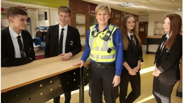 PCSO Marie Brindley chats to students at Tamworth Enterprise College