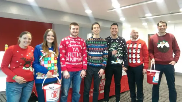 John Acres with Dr Matt Slater and other staff/students in Christmas jumpers