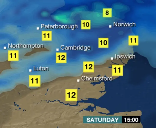 Weather chart for Saturday afternoon, showing rain for Norfolk