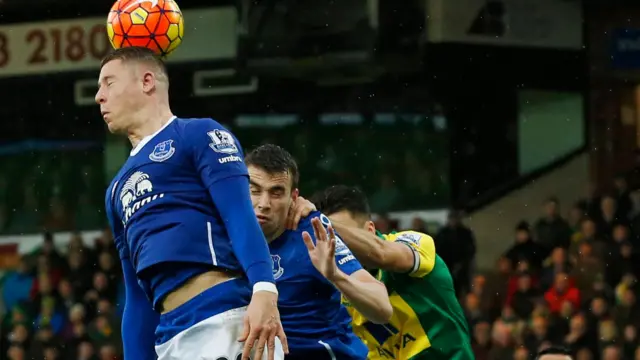 Ross Barkley heads the ball clear