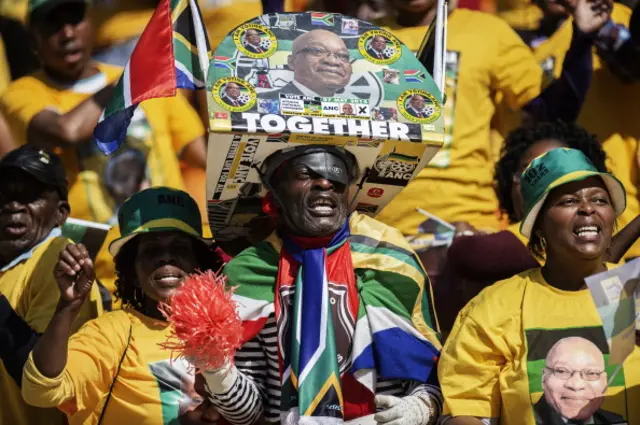 Supporters of South Africa's ruling African National Congress wearing shirts with the picture of President Jacob Zuma attend the final ANC election campaign rally at Soccer City stadium in Johannesburg on May 4, 2014