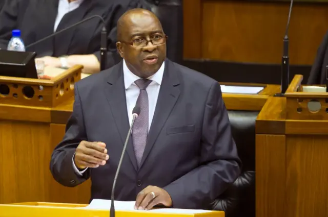 This file photo taken on February 25, 2015 shows South African Minister of Finance Nhlanhla Nene delivering the 2015 Budget Speech at the National Assembly in Cape Town