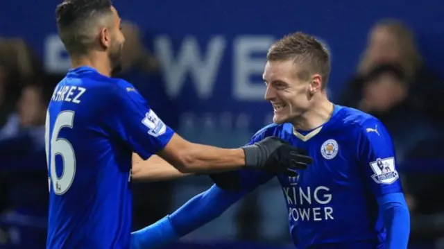 Jamie Vardy celebrates with Riyad Mahrez