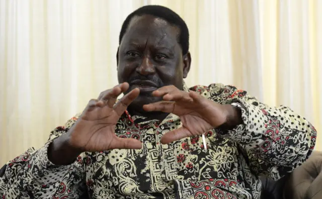 Kenya's opposition leader Raila Odinga gestures during an interview with AFP on July 15, 2014 at his office in Nairobi