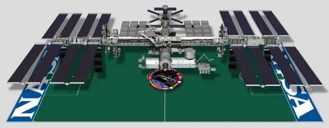 Graphic of the ISS imposed on a graphic of a football pitch