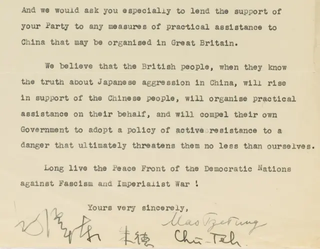 Extract of letter from Mao Zedong to Clement Attlee in 1937