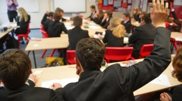 Pupil in a classroom with his hand in the air