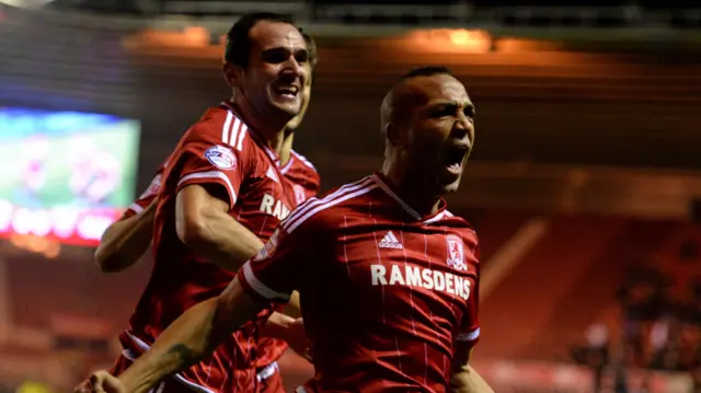 Emilio Nsue of Middlesbrough celebrates scoring their first goal