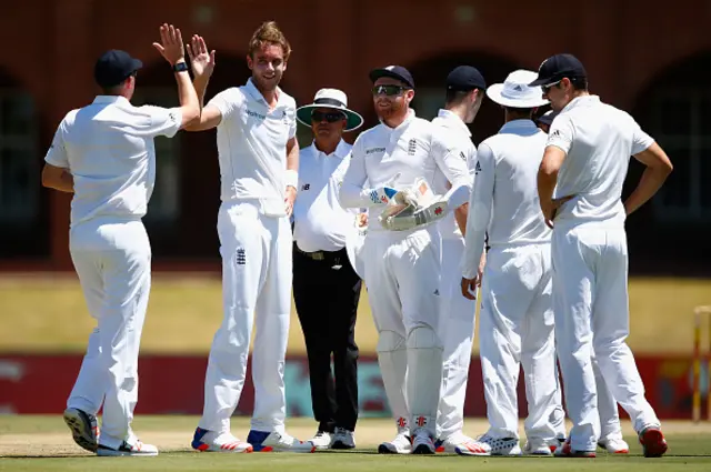 Stuart Broad celebrates taking a wicket