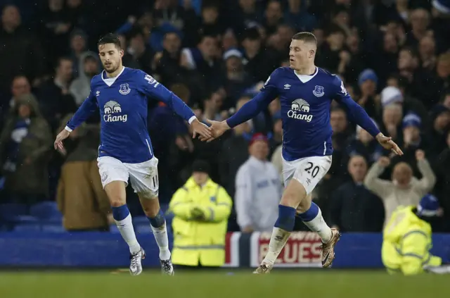 Kevin Mirallas and Ross Barkley celebrate Everton's second goal