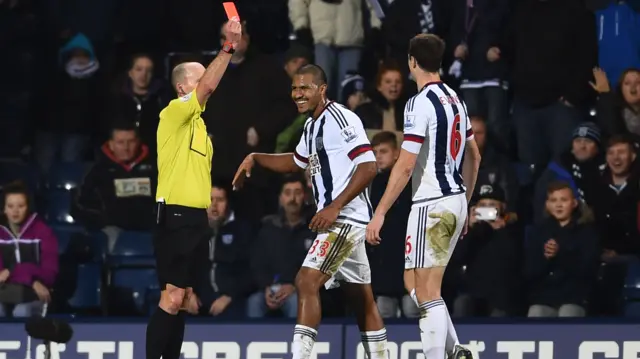 Salomon Rondon is shown a red card