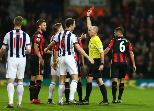 West Brom's James McClean is sent off