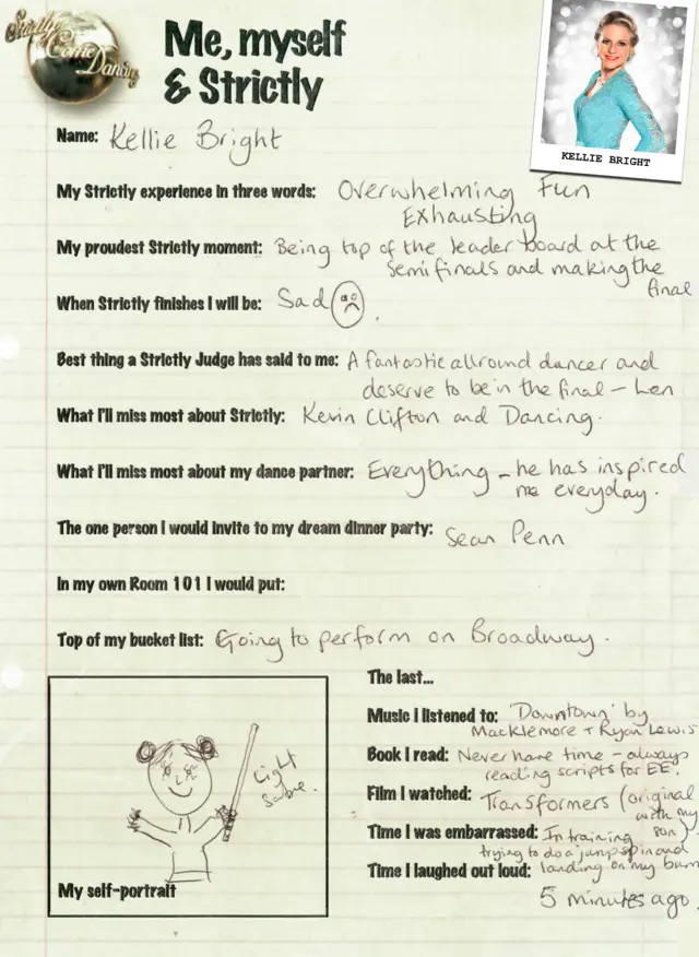 Kellie's been inspired by partner Kevin on a daily basis, she wants to perform on Broadway and she's always reading her EastEnders scripts so has no time for books!