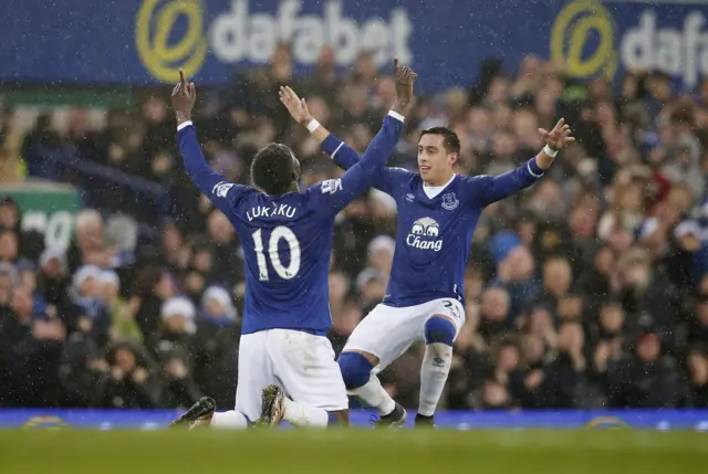 Romelu Lukaku celebrates his equaliser with Ramiro Funes Moris