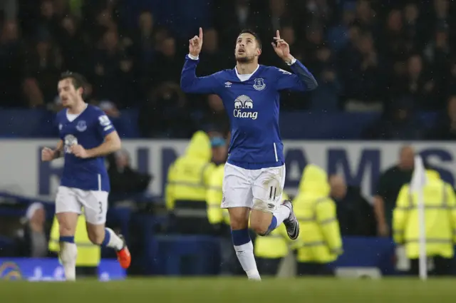 Kevin Mirallas celebrates scoring Everton's second goal