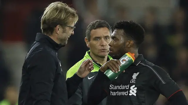 Daniel Sturridge is substituted by Liverpool manager Jurgen Klopp