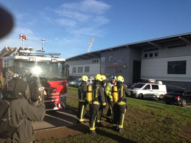 Fire crews arrive at Keepmoat Stadium, Doncaster