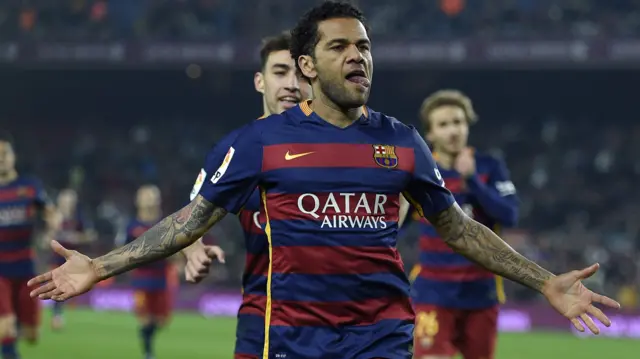 Dani Alves celebrates Barcelona's opener against Villanovense