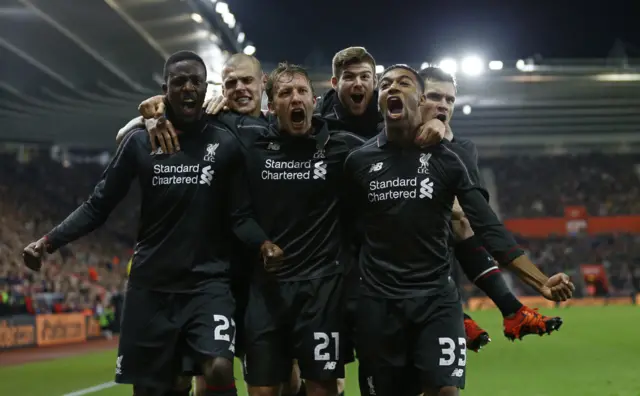 Liverpool celebrate their fifth goal