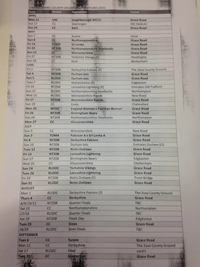 Leicestershire's 2016 fixture list