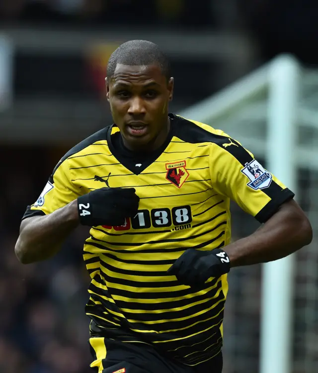 Odion Ighalo celebrates scoring Watford's second against Liverpool