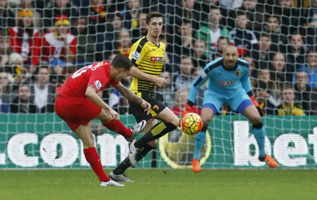 Philippe Coutinho shoots for Liverpool