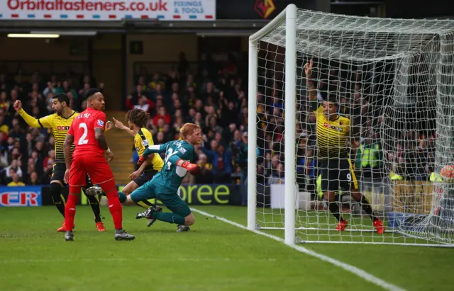 Liverpool keeper Adam Bogdan watches as Watford take a 1-0 lead