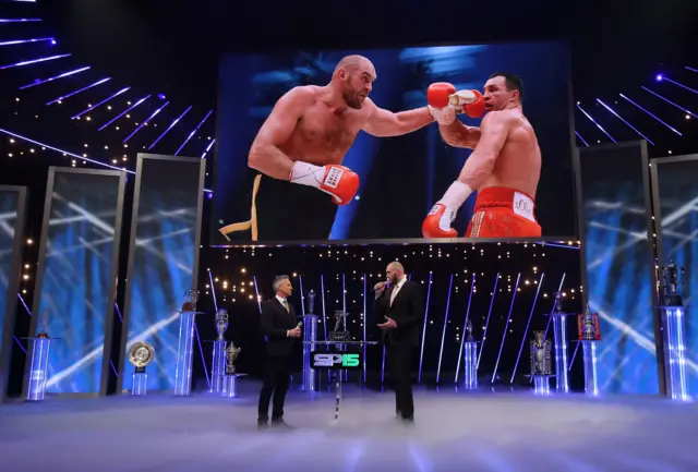 Tyson Fury on stage with Gary Lineker