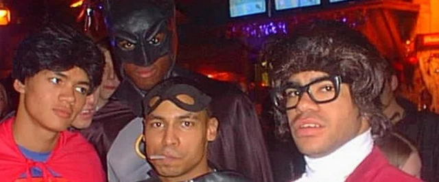 Jermaine Jenas (left) dressed as Superman on a Christmas night out at Newcastle