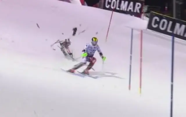 Marcel Hirscher almost hit by a drone