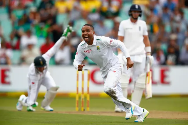 Dane Piedt of South Africa celebrates lbw for Joe Root