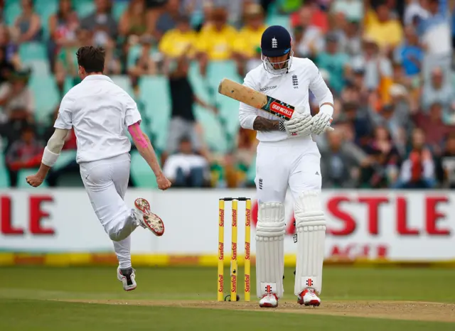 Dale Steyn of South Africa celebrates taking the wicket of Alex Hales