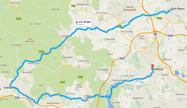 Map showing route from Watford to Hugh Wycome and St Albans