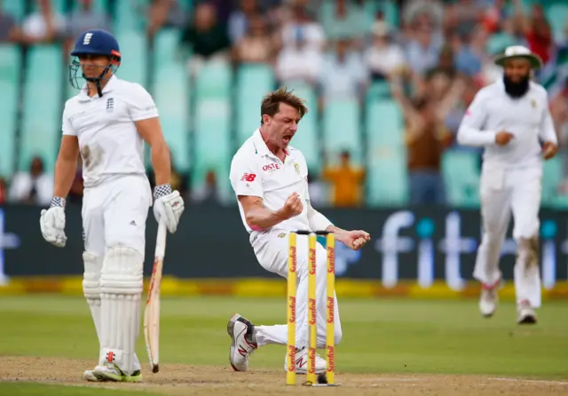 Dale Steyn of South Africa celebrates taking the wicket of James Taylor