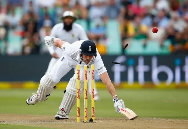 Nick Compton of England just makes it back safe