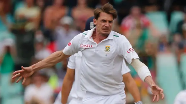 Morne Steyn celebrates taking the wicket of Alastair Cook