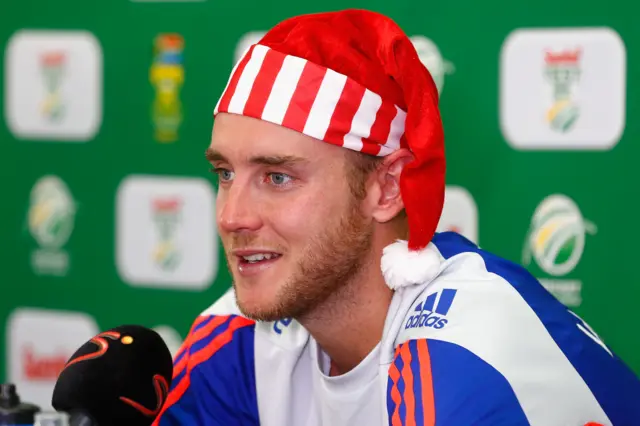 Stuart Broad wears a Christmas hat